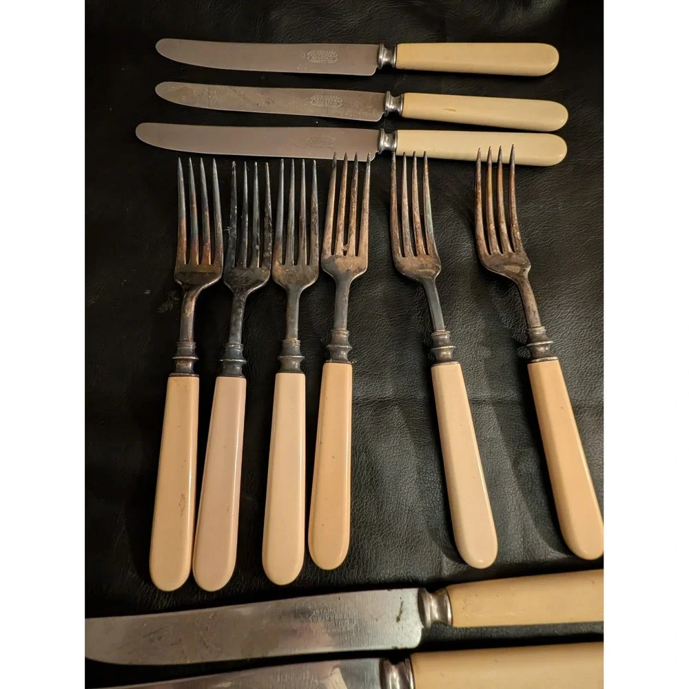 12 pc Universal Resistain Stainless Flatware Cream Handles Knife Fork